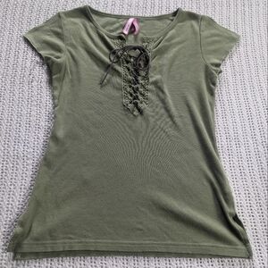 Y2K Energie Split Short Sleeve Shirt Crochet Women’s Medium Lace Up Front Green